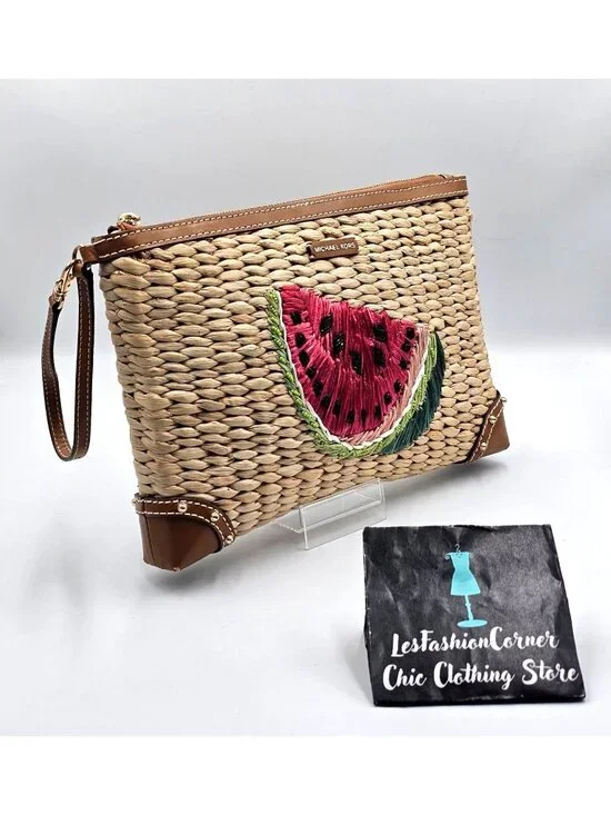 Michael Kors Women's Watermelon Raffia Malibu Straw XL Clutch Zip Wristlet 3304 - Picture 11 of 14